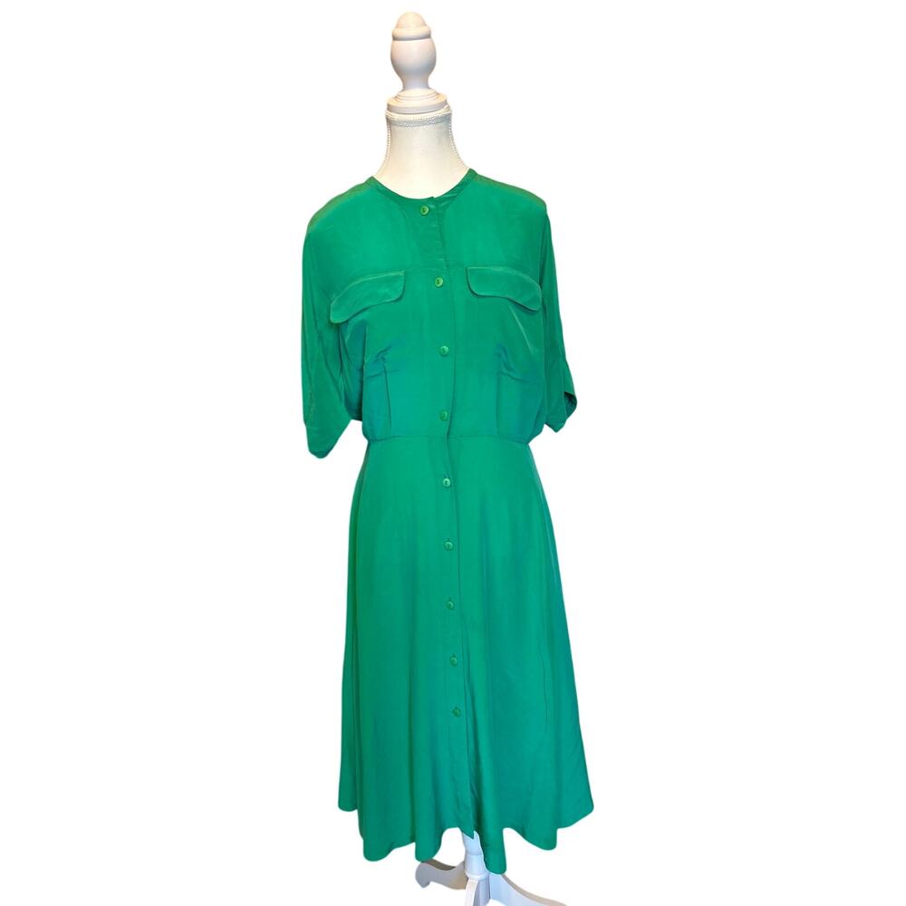 Evan Davies | Vintage 100% Silk Kelly Green Button Front Midi Dress | 6